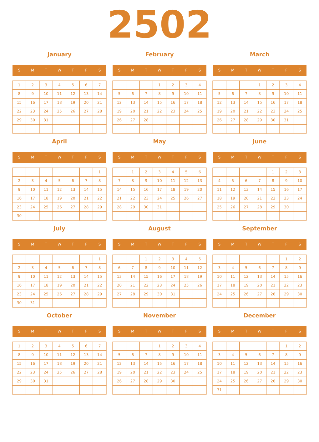 Printable 2502 Year Calendars orange
