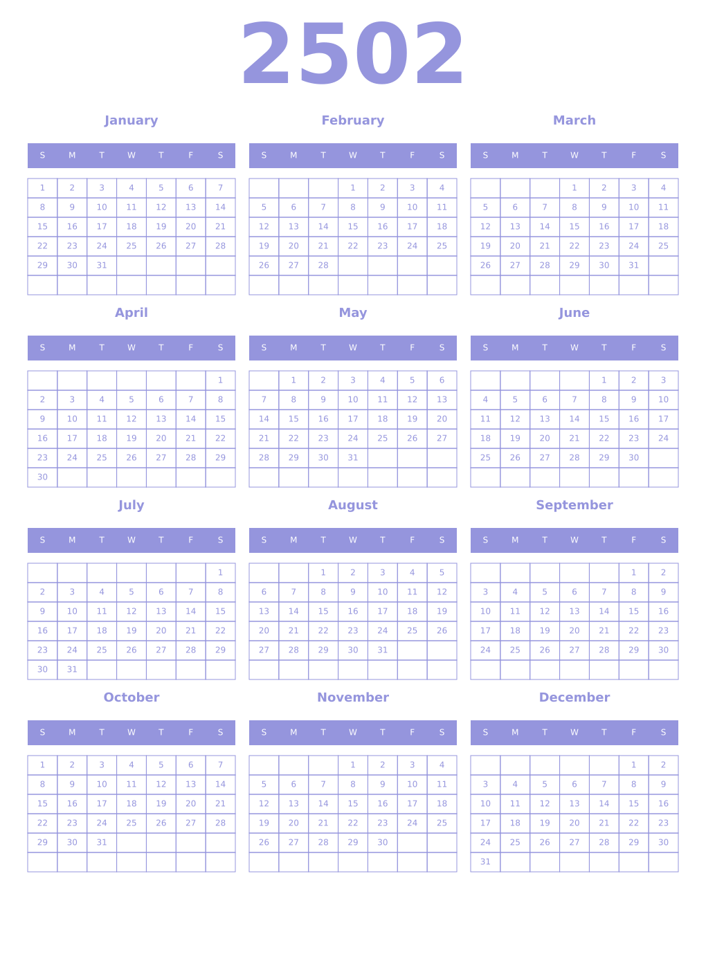 Printable 2502 Year Calendars periwinkle
