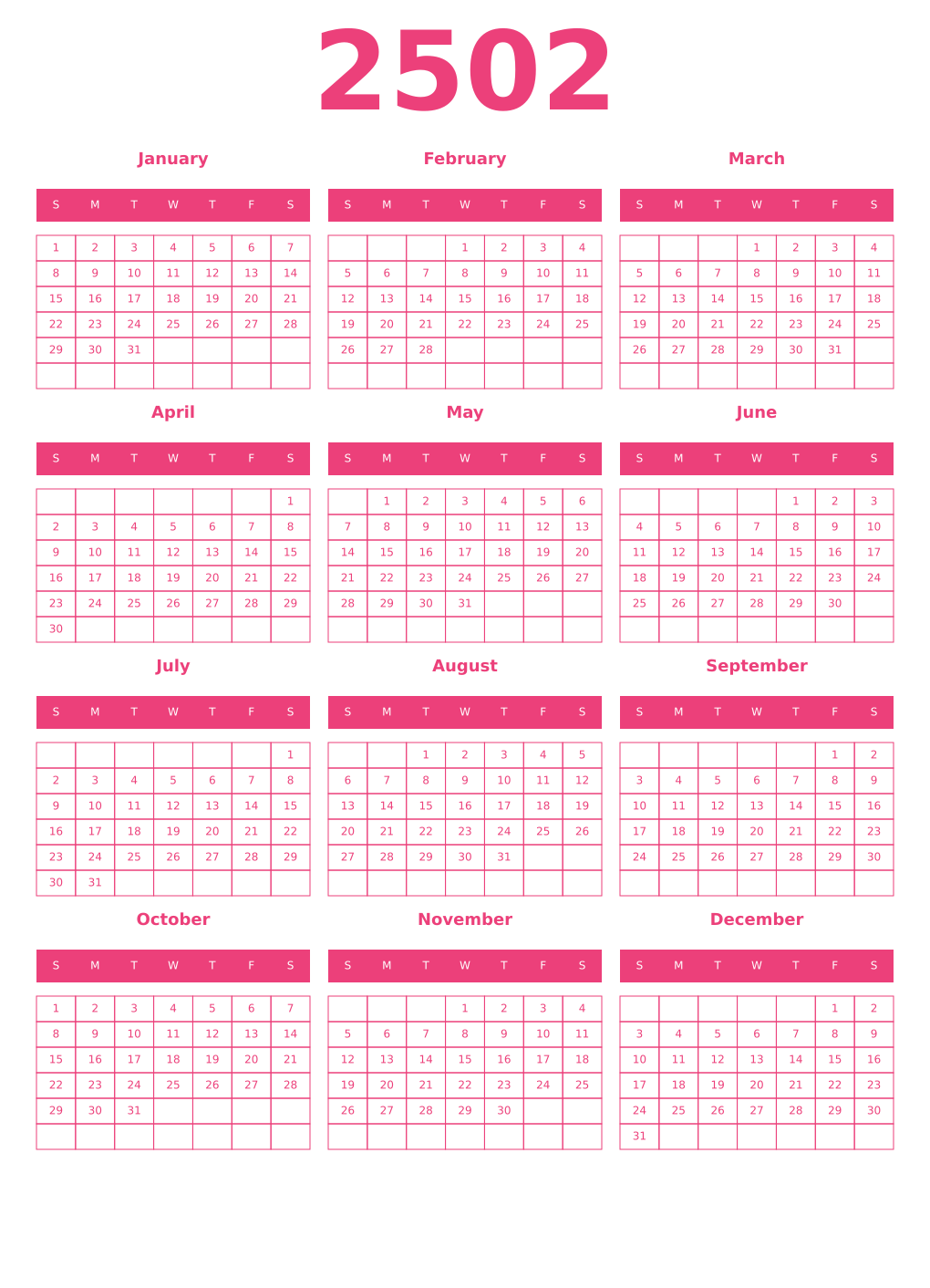 Printable 2502 Year Calendars pink