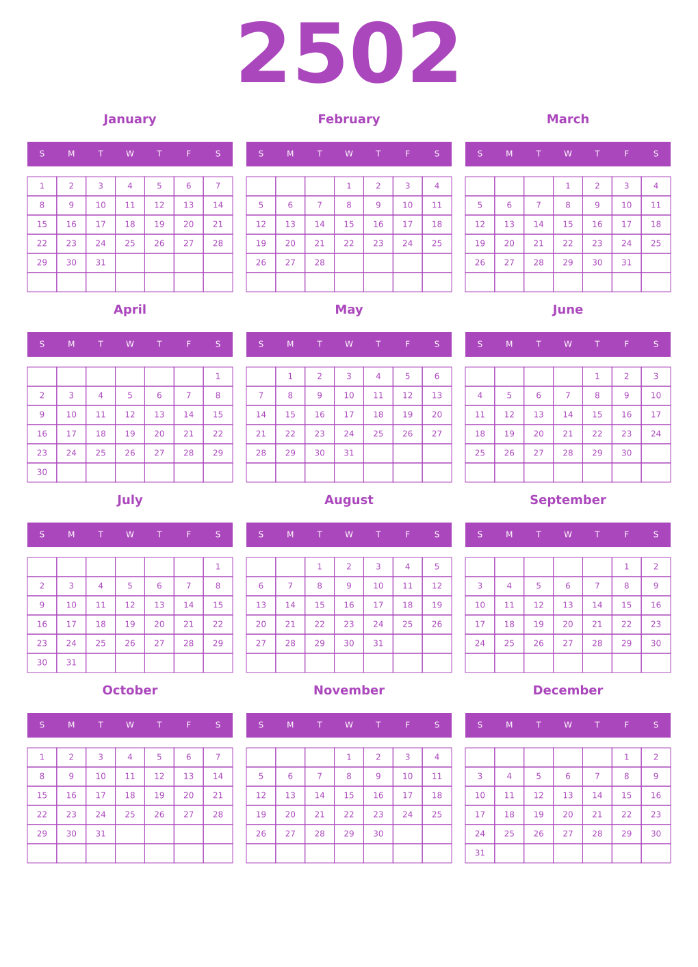 Printable 2502 Year Calendars purple