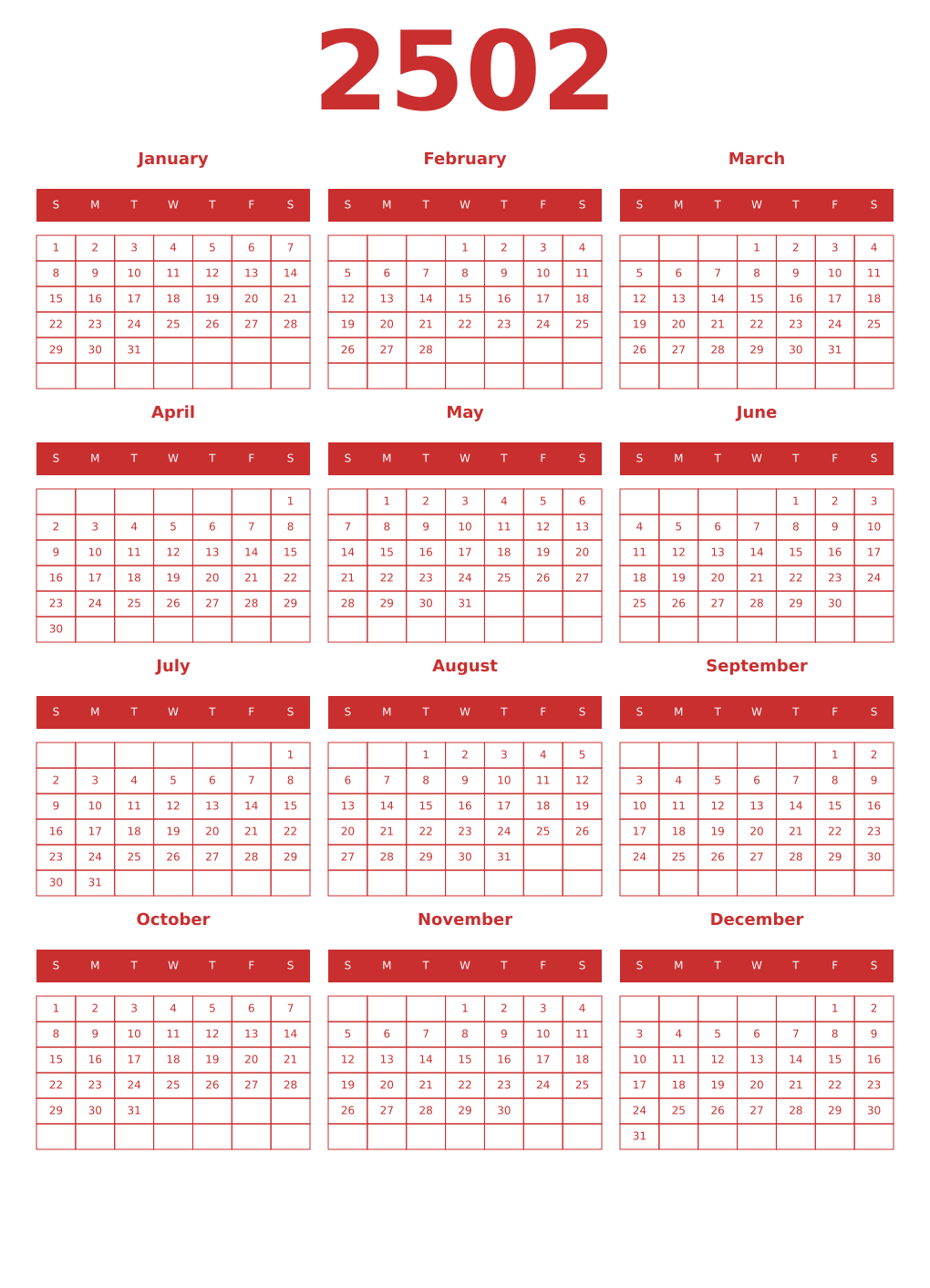 Printable 2502 Year Calendars red