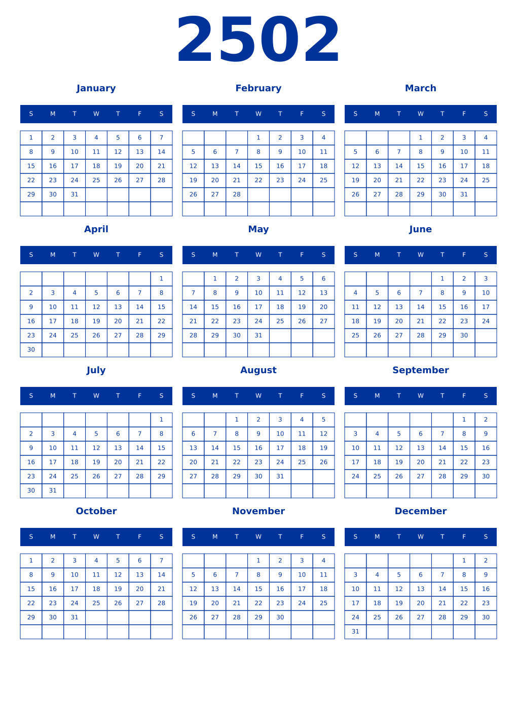 Printable 2502 Year Calendars smalt