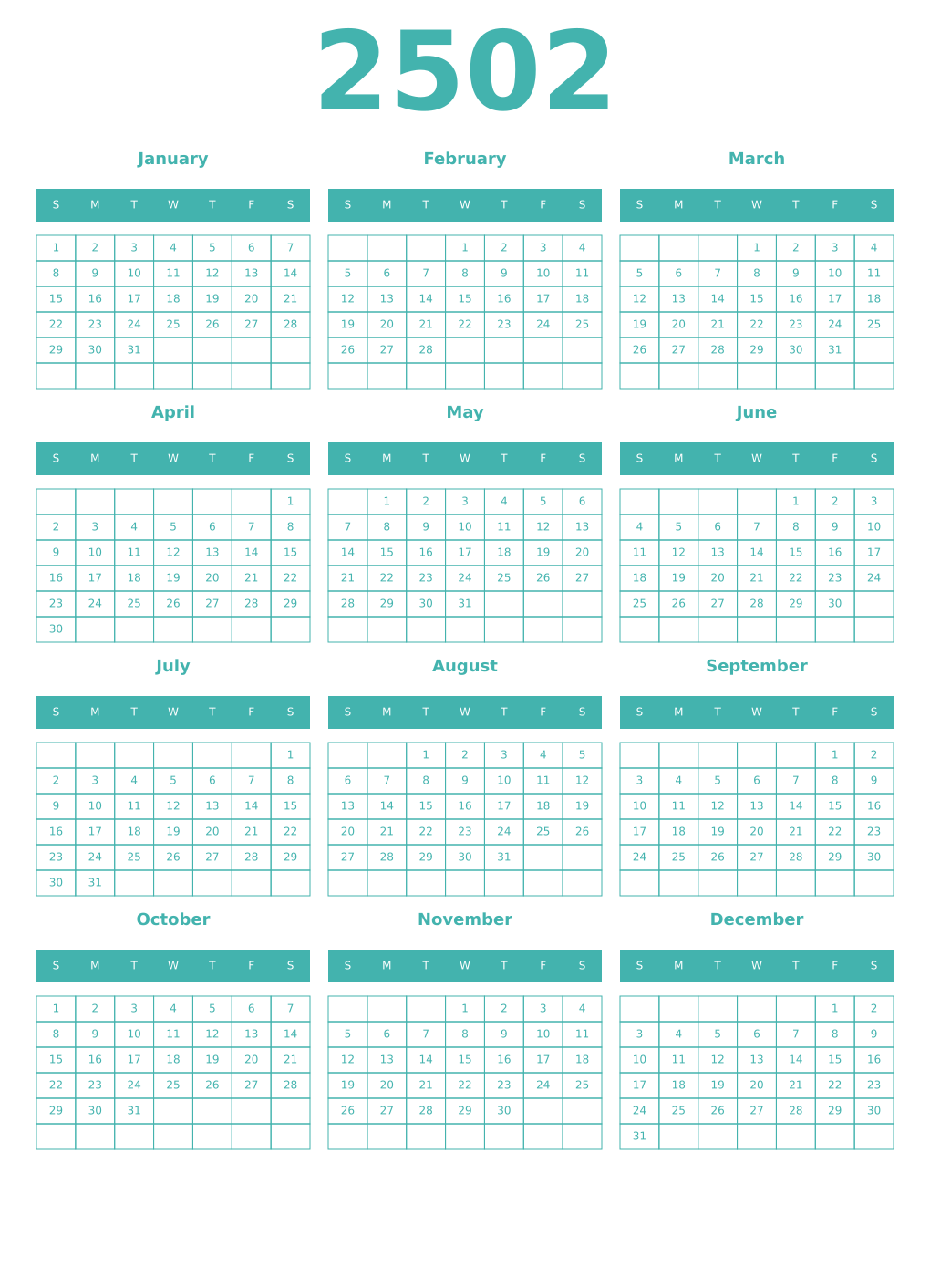 Printable 2502 Year Calendars verdigris