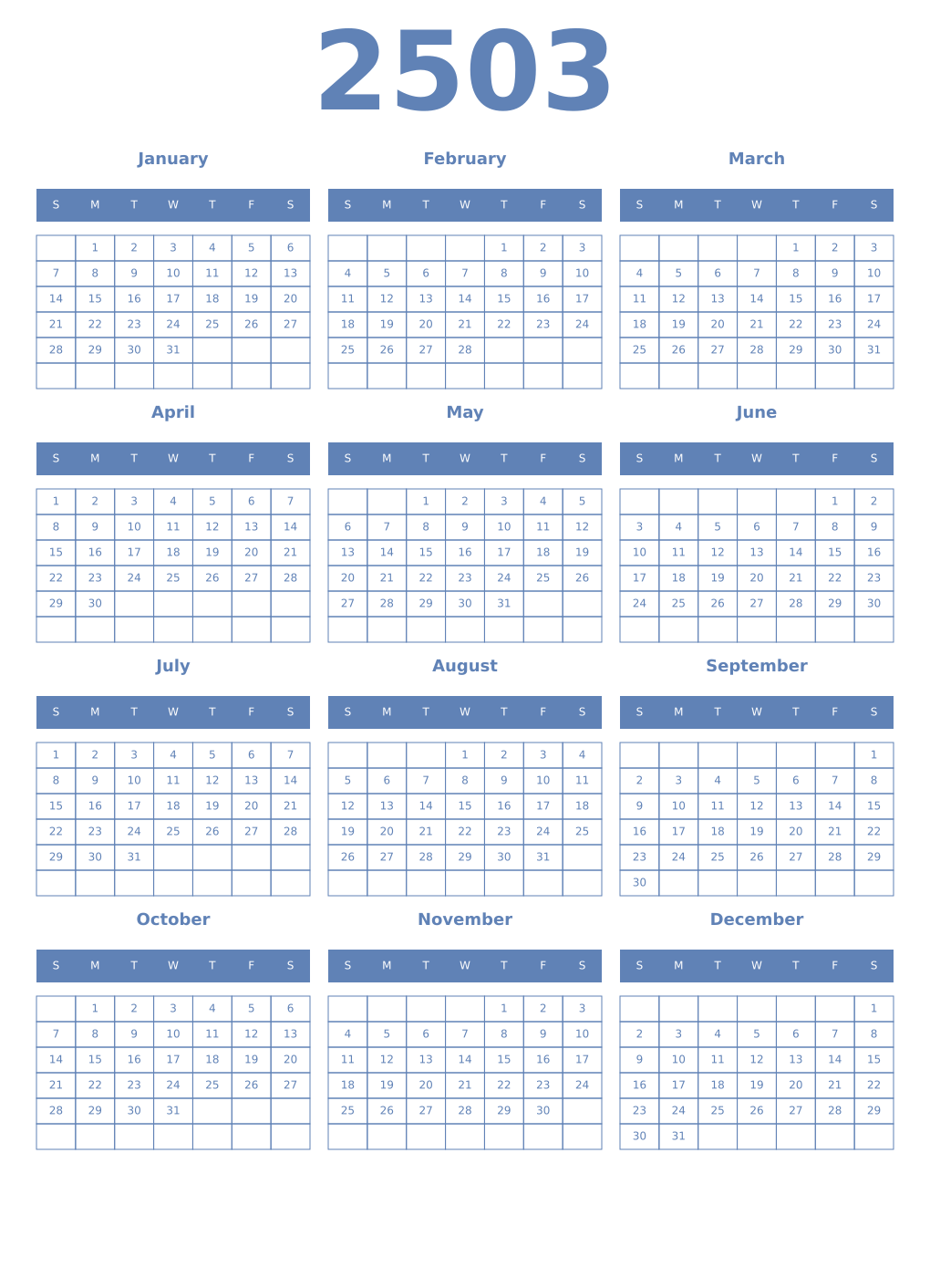 Printable 2503 Year Calendars glaucous