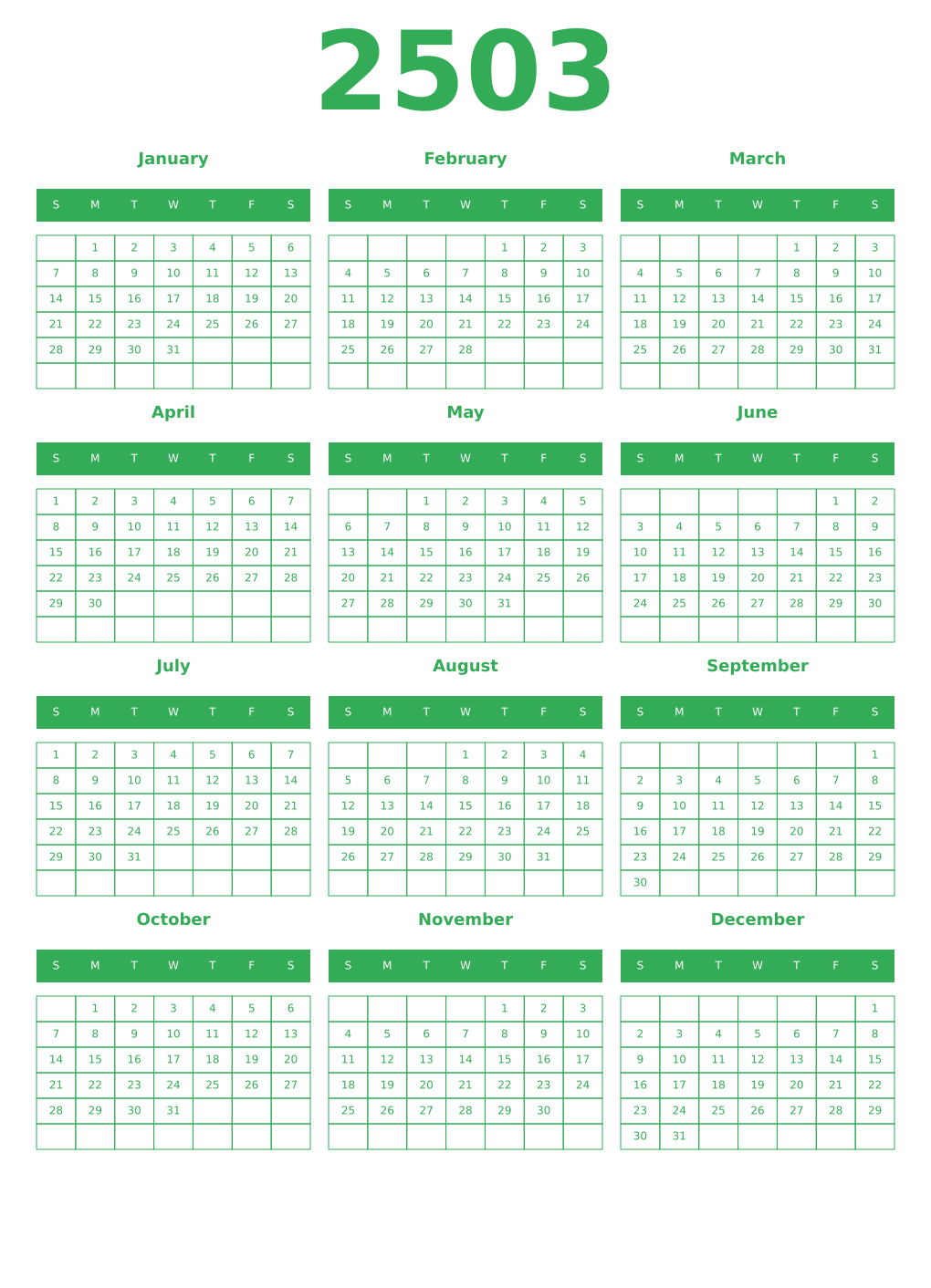 Printable 2503 Year Calendars green