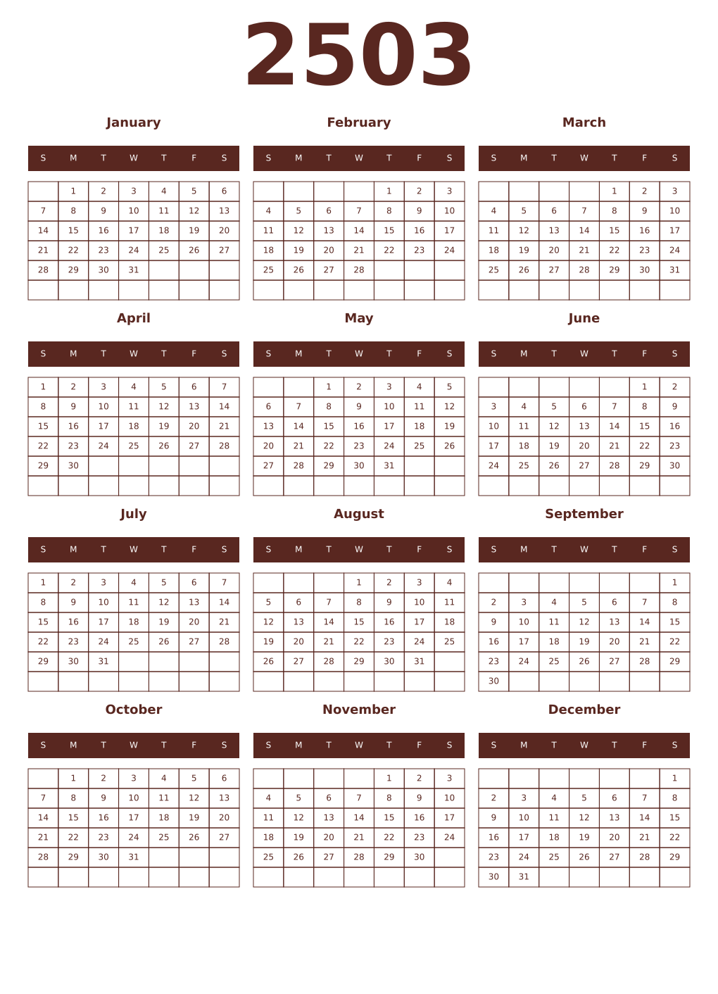 Printable 2503 Year Calendars mortuum