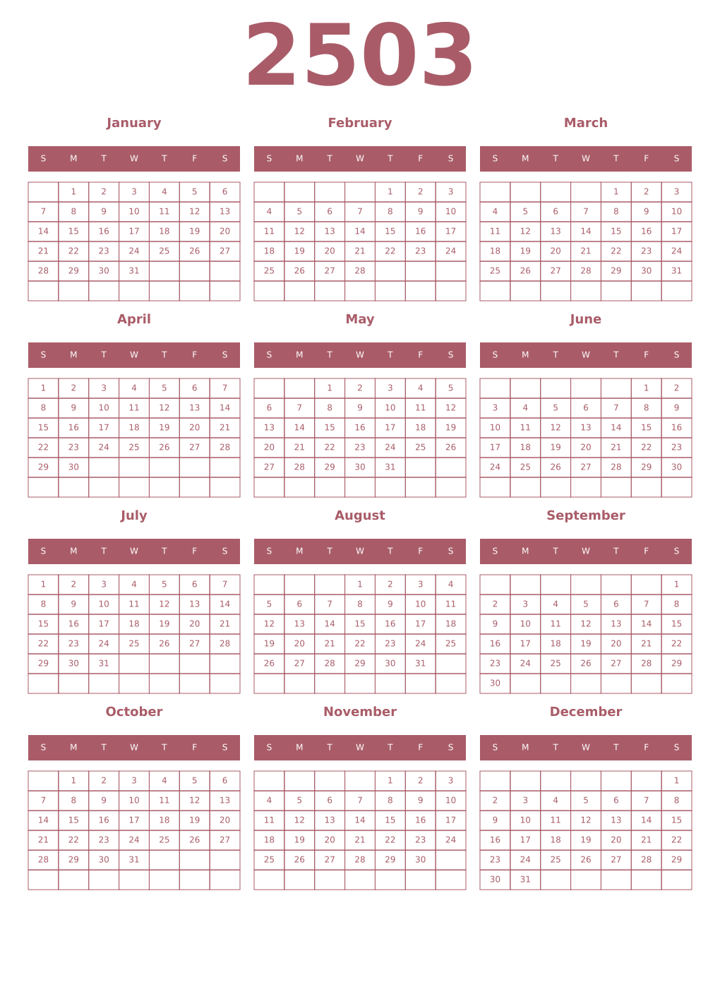 Printable 2503 Year Calendars puce