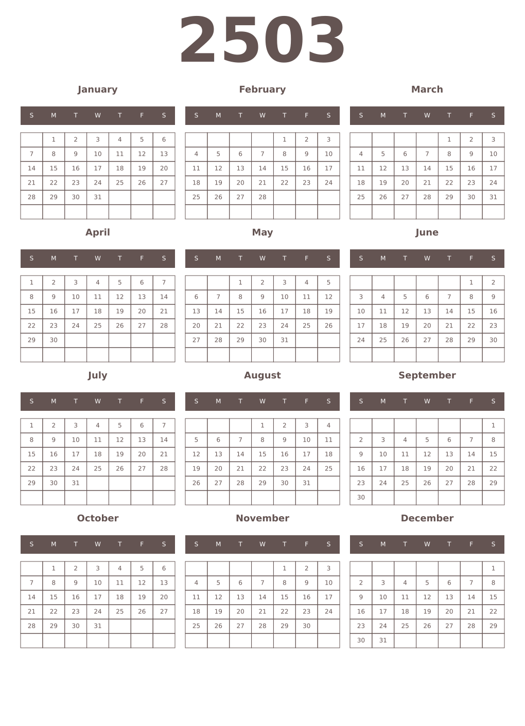 Printable 2503 Year Calendars wenge