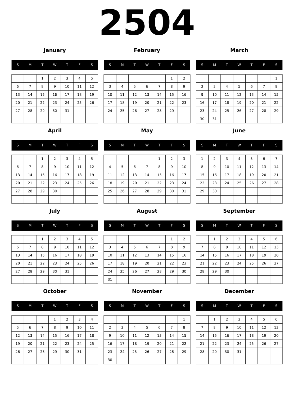 Printable 2504 Year Calendars black