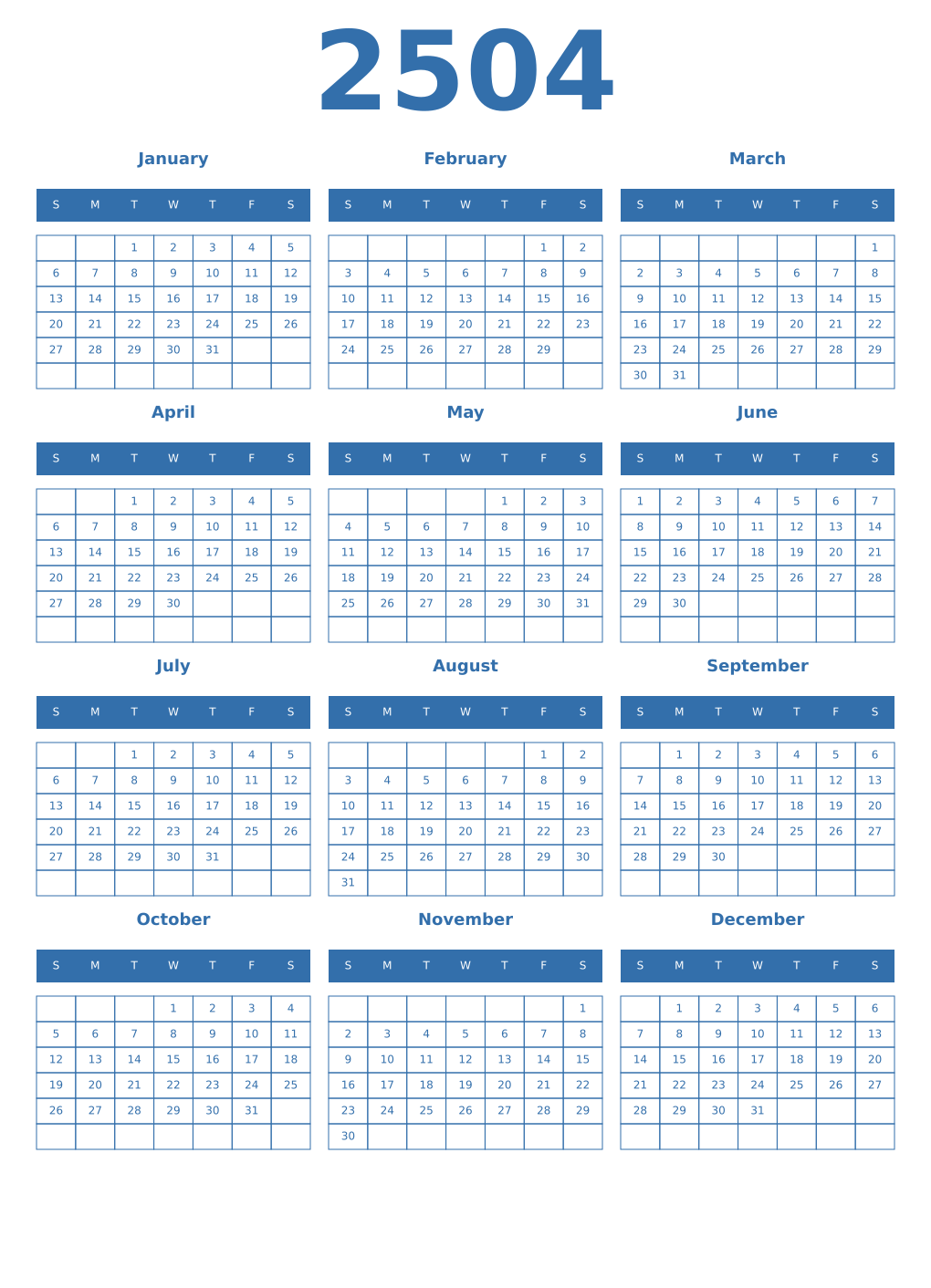 Printable 2504 Year Calendars blue