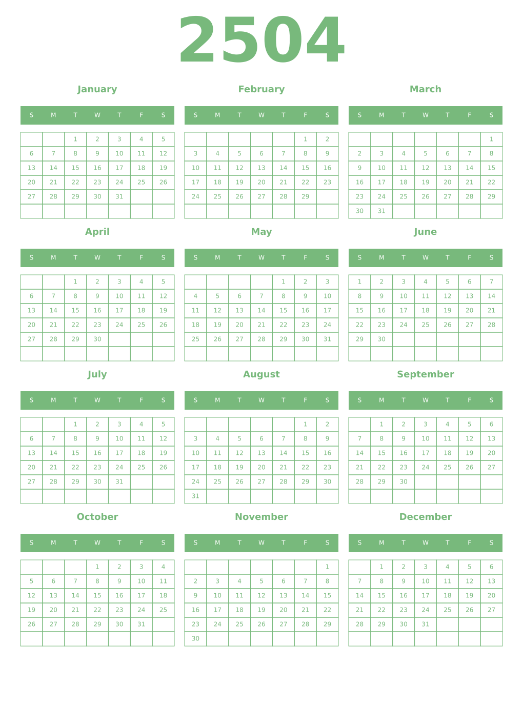 Printable 2504 Year Calendars celadon