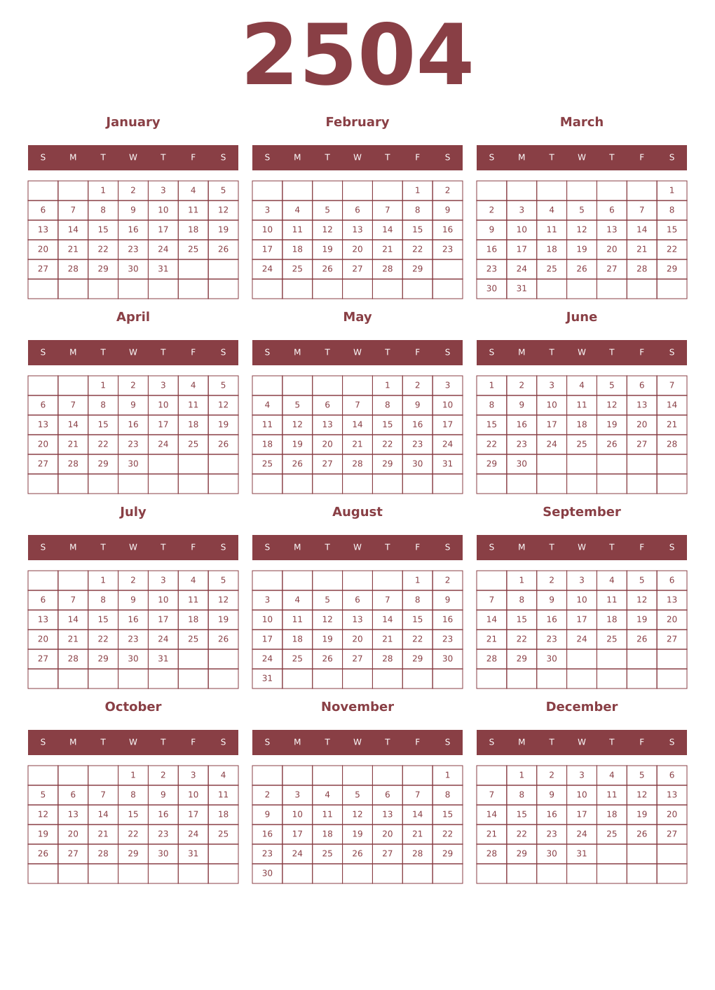 Printable 2504 Year Calendars cordovan