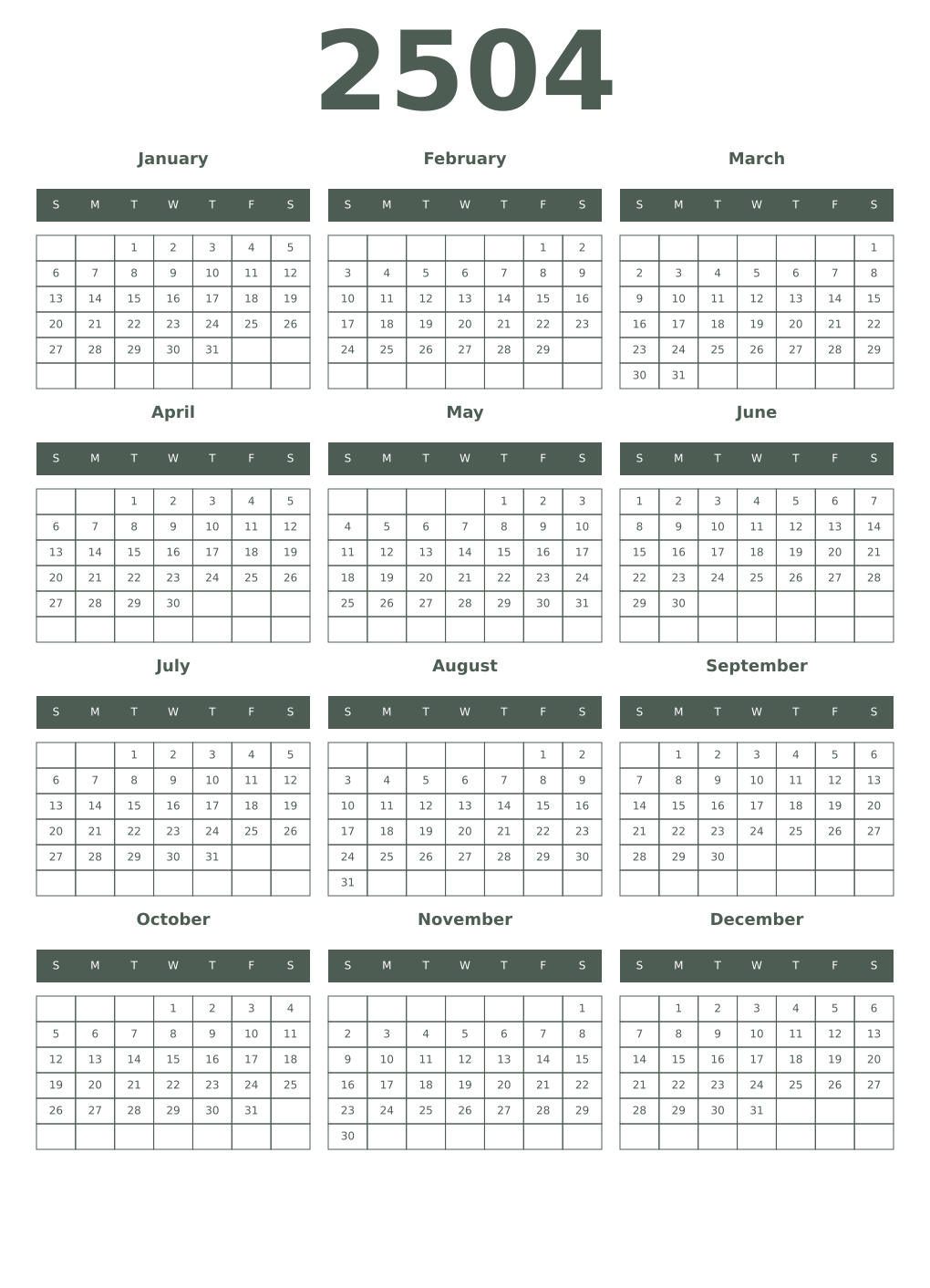 Printable 2504 Year Calendars feldgrau