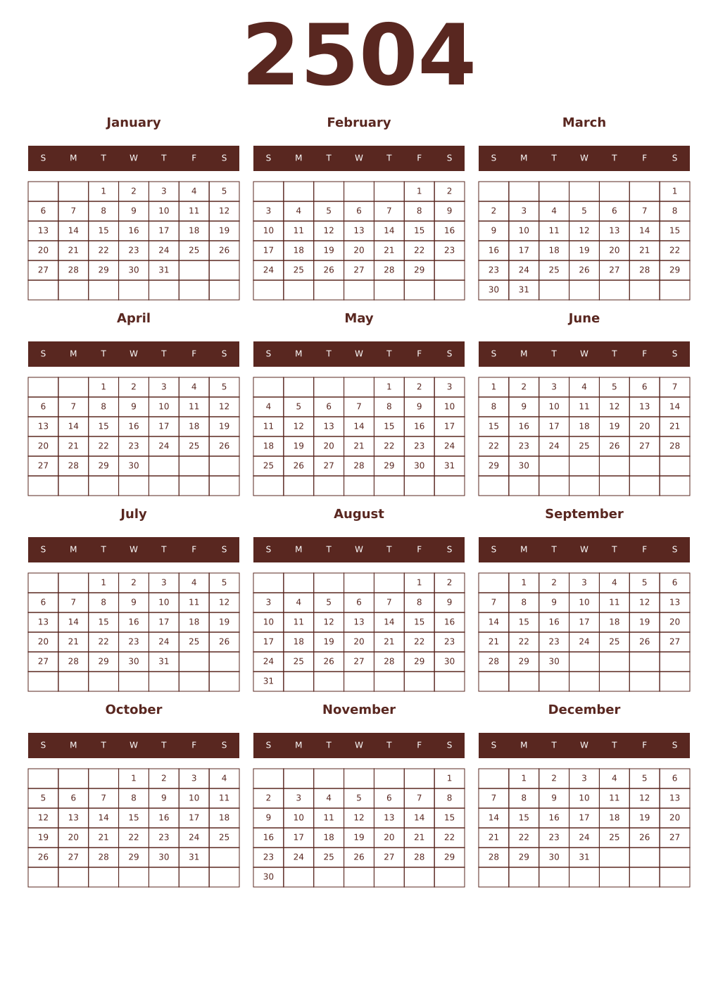 Printable 2504 Year Calendars mortuum
