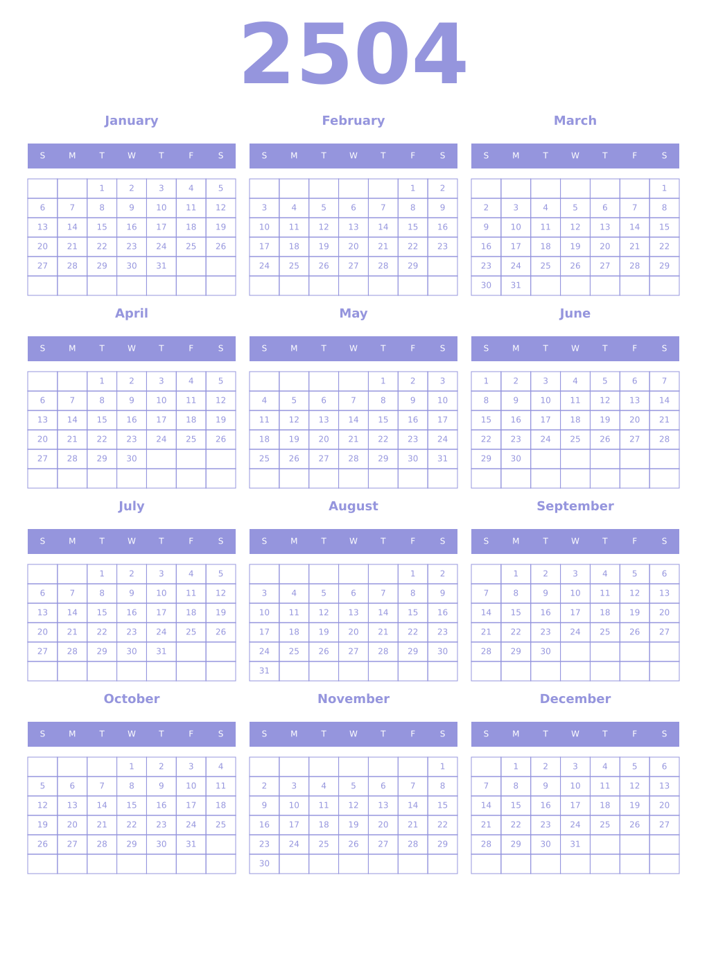 Printable 2504 Year Calendars periwinkle