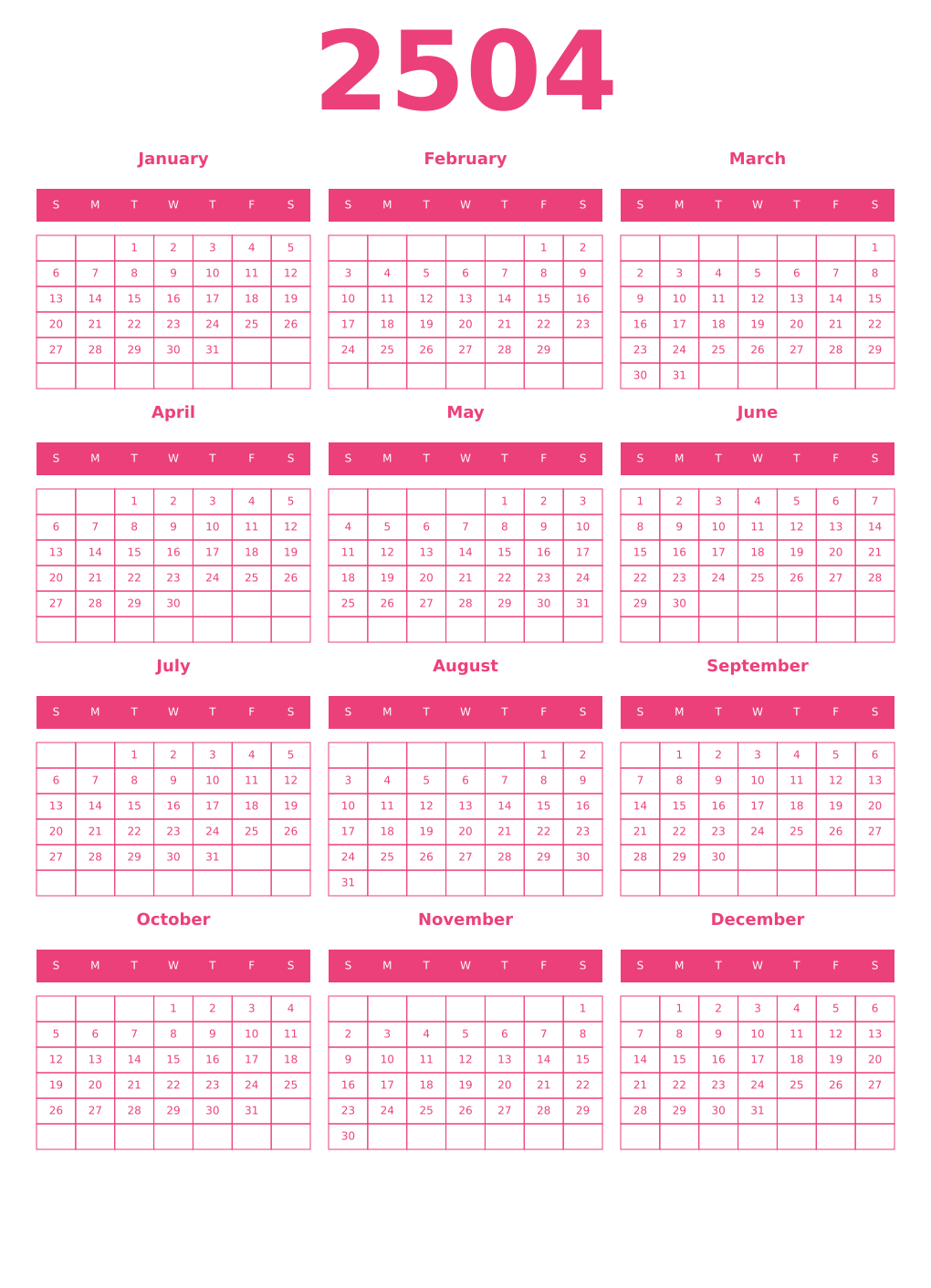 Printable 2504 Year Calendars pink