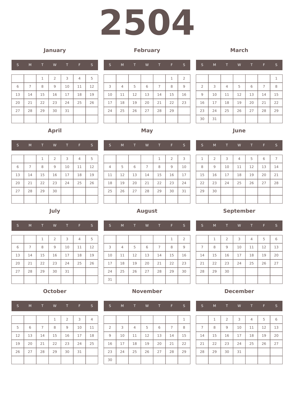 Printable 2504 Year Calendars wenge