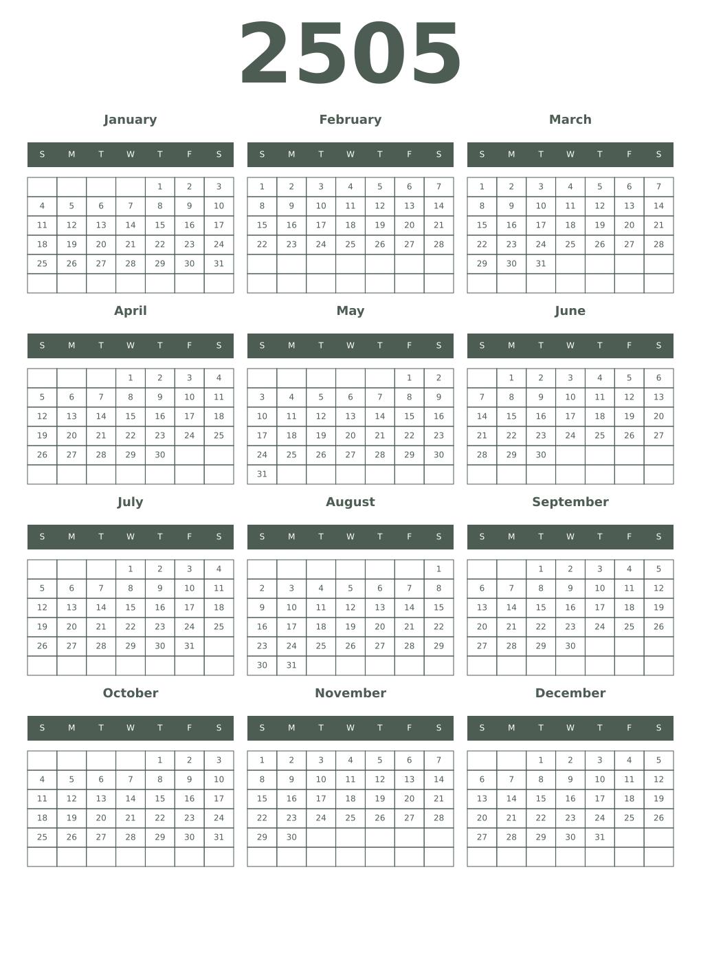 Printable 2505 Year Calendars feldgrau