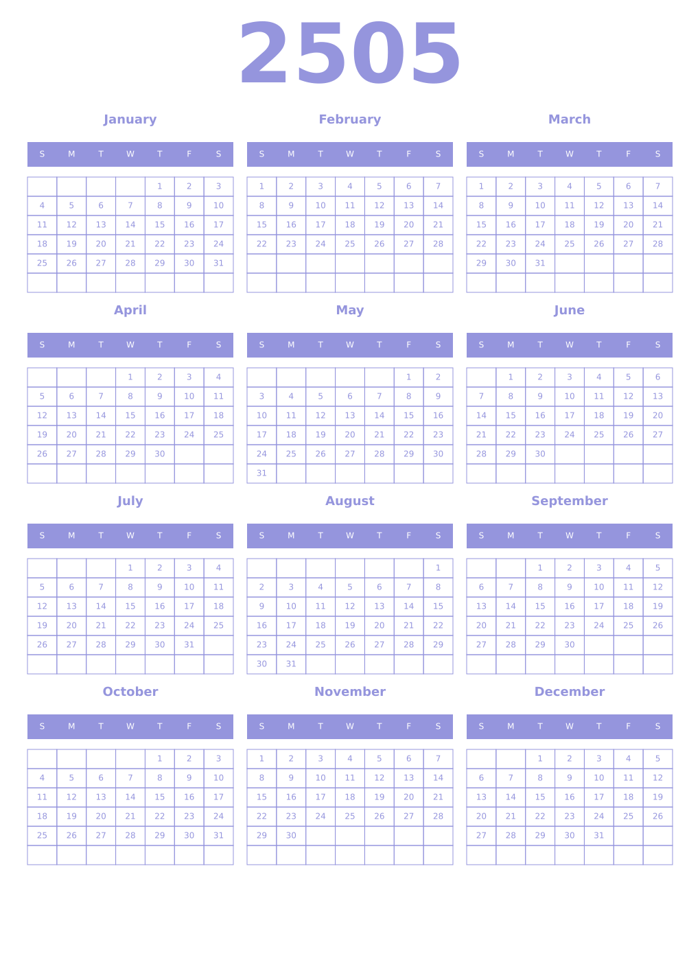 Printable 2505 Year Calendars periwinkle