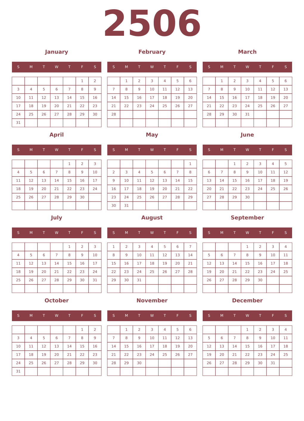Printable 2506 Year Calendars cordovan