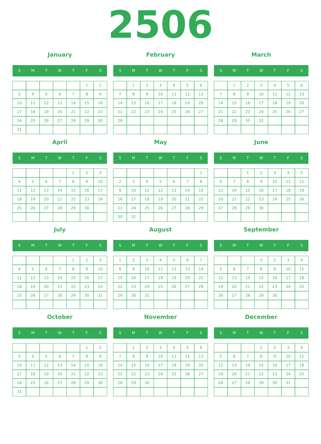 Printable 2506 Year Calendars green