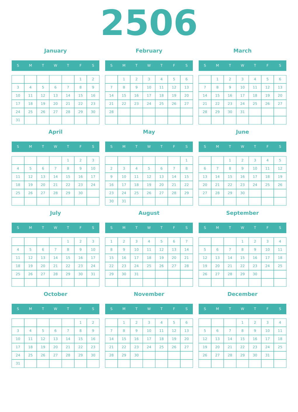 Printable 2506 Year Calendars verdigris