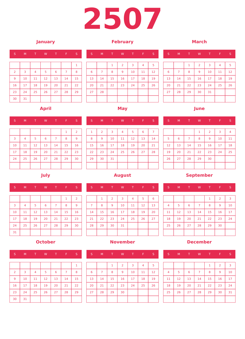 Printable 2507 Year Calendars amaranth