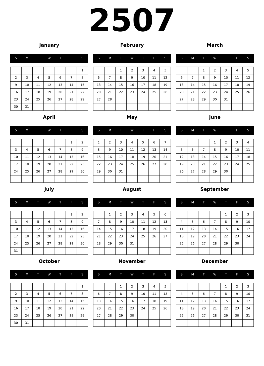 Printable 2507 Year Calendars black