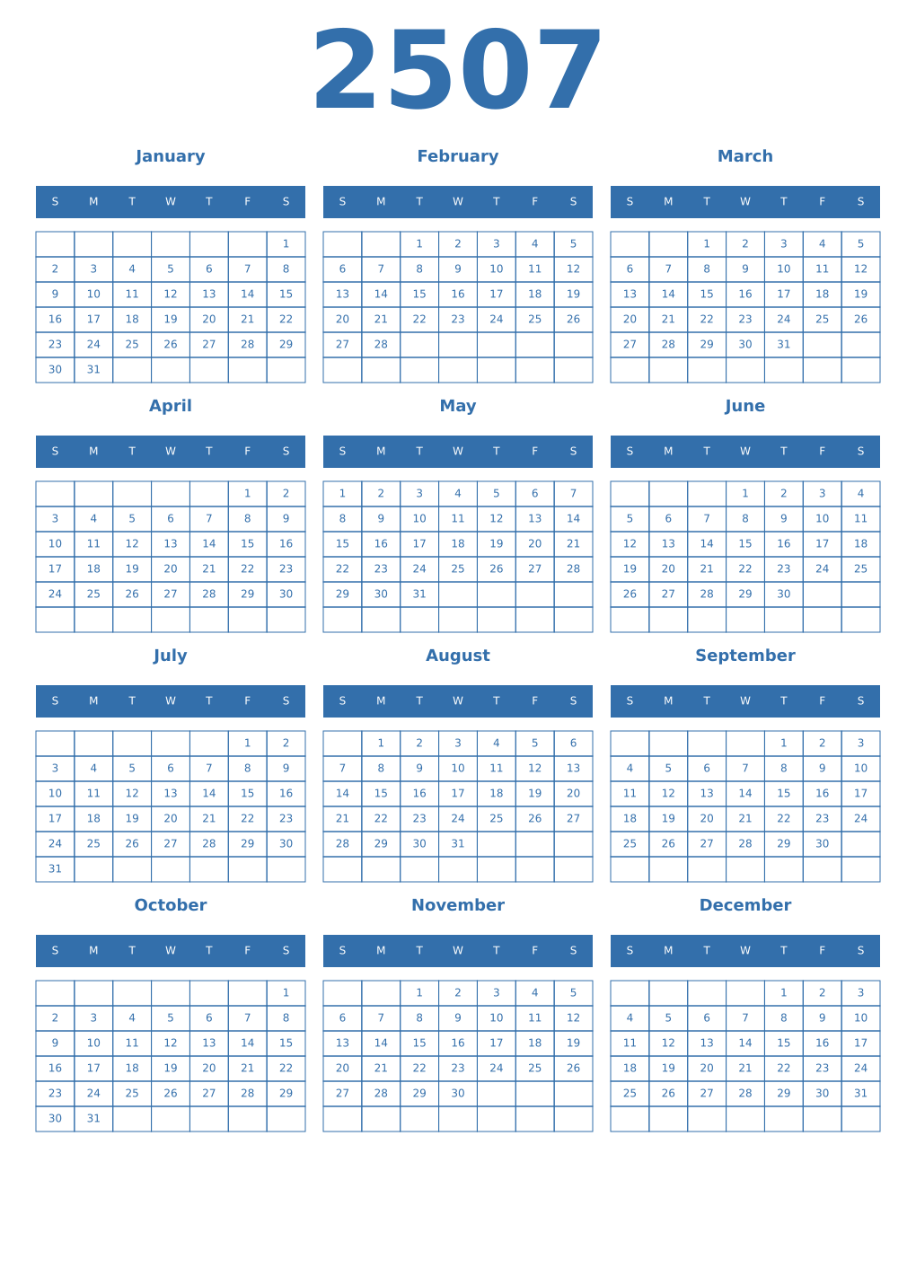Printable 2507 Year Calendars blue