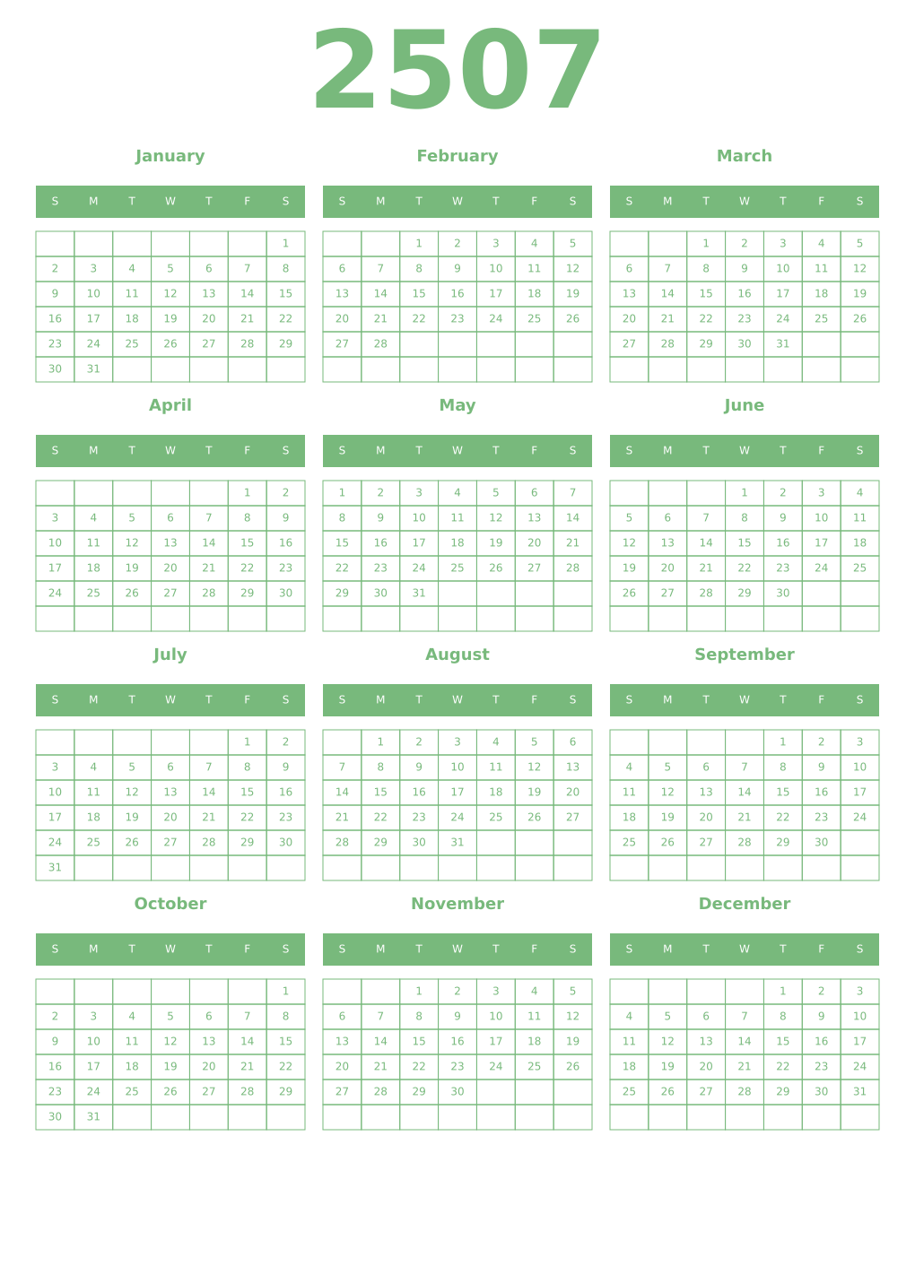 Printable 2507 Year Calendars celadon