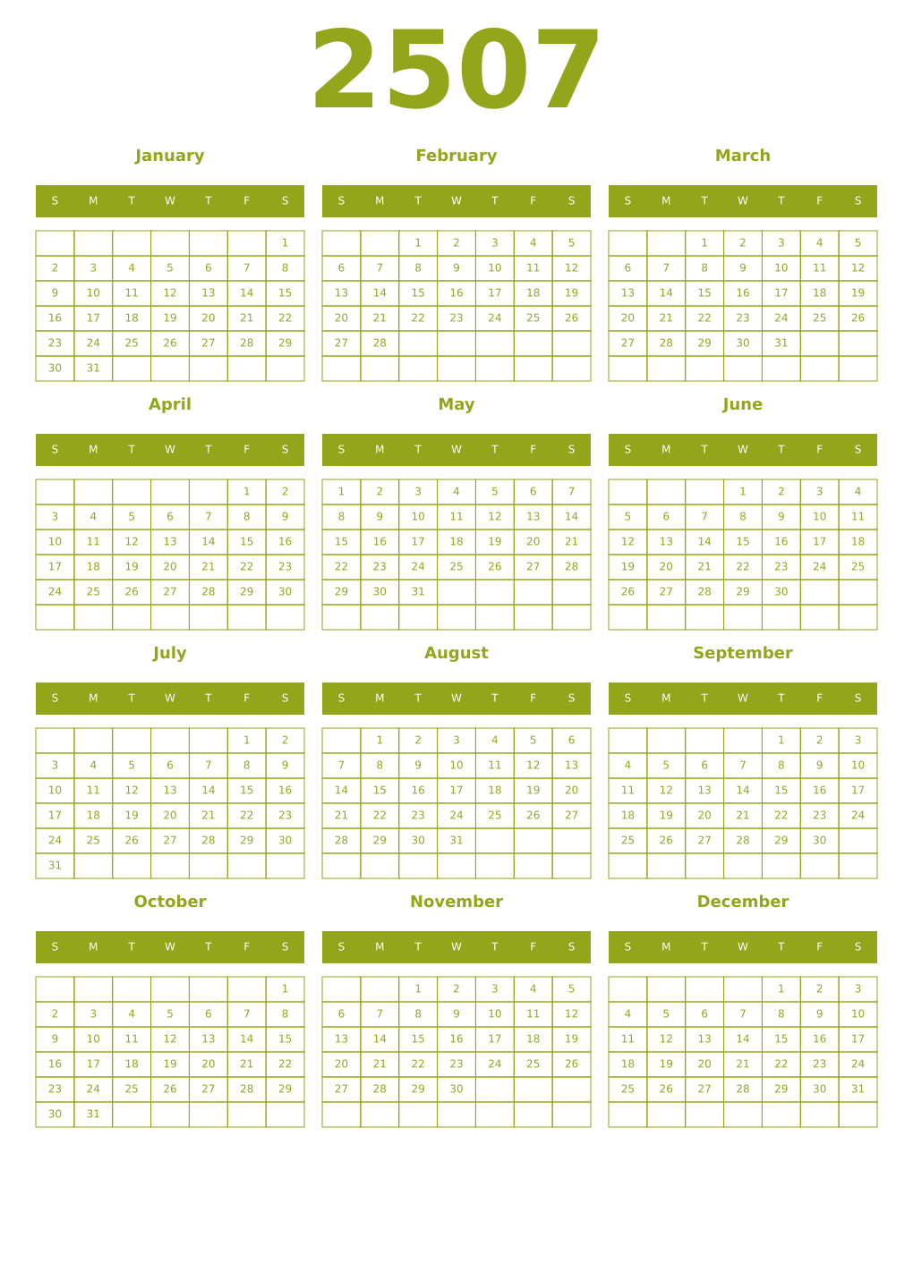 Printable 2507 Year Calendars chartreuse