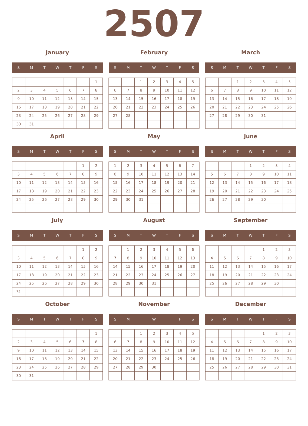 Printable 2507 Year Calendars coffe