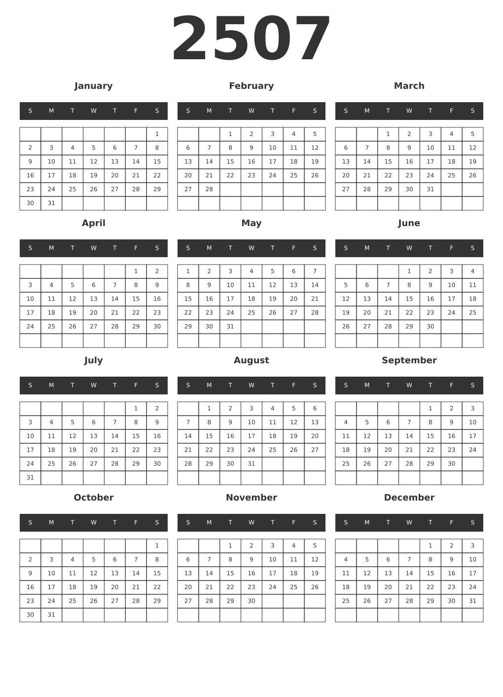 Printable 2507 Year Calendars dark