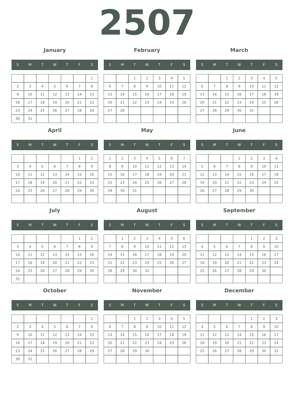 Printable 2507 Year Calendars feldgrau