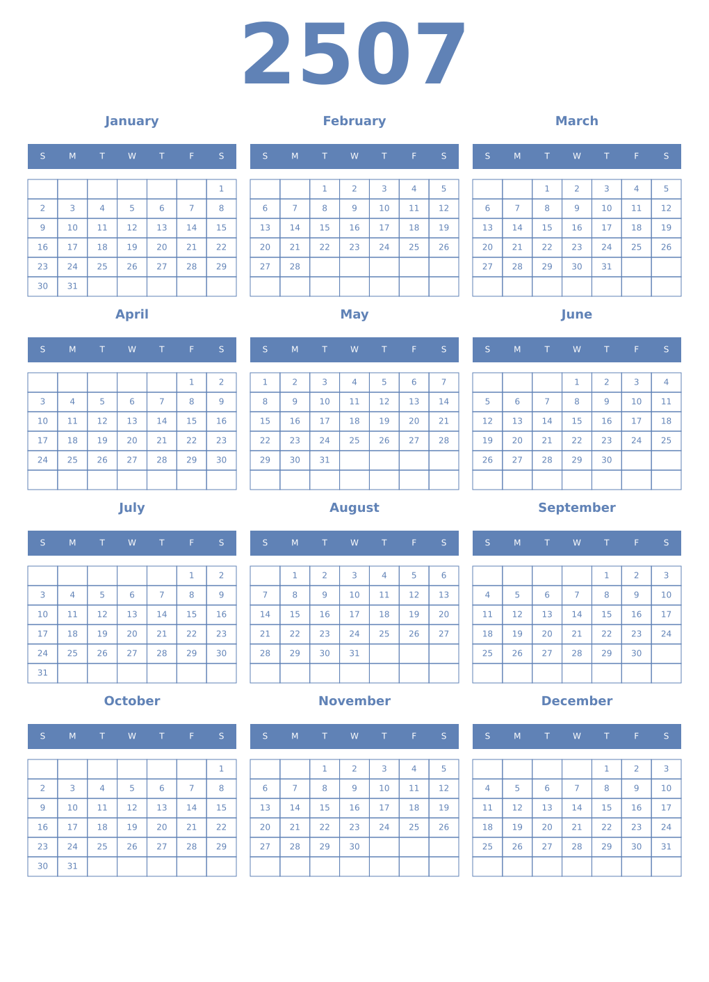 Printable 2507 Year Calendars glaucous