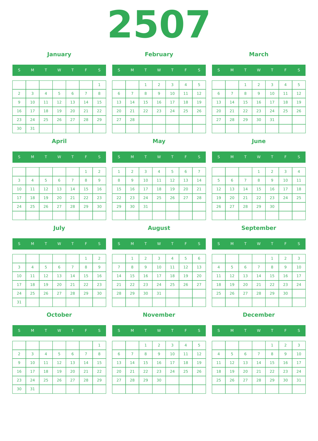 Printable 2507 Year Calendars green