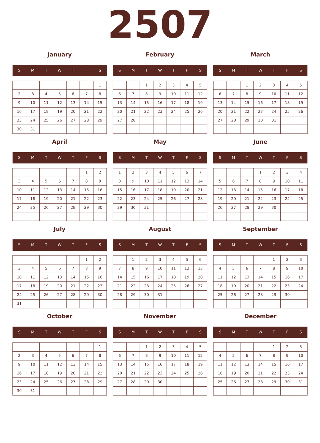 Printable 2507 Year Calendars mortuum