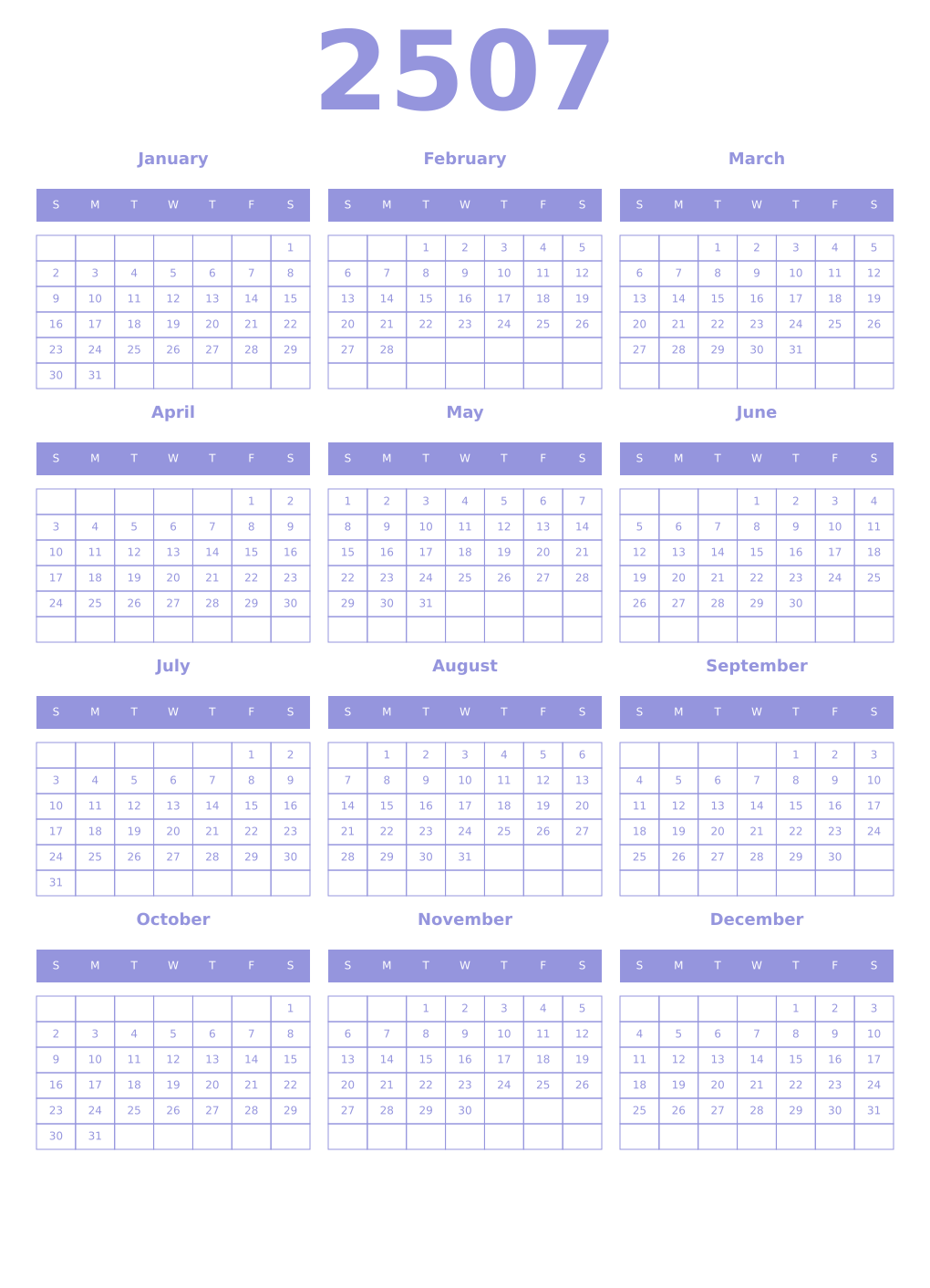 Printable 2507 Year Calendars periwinkle