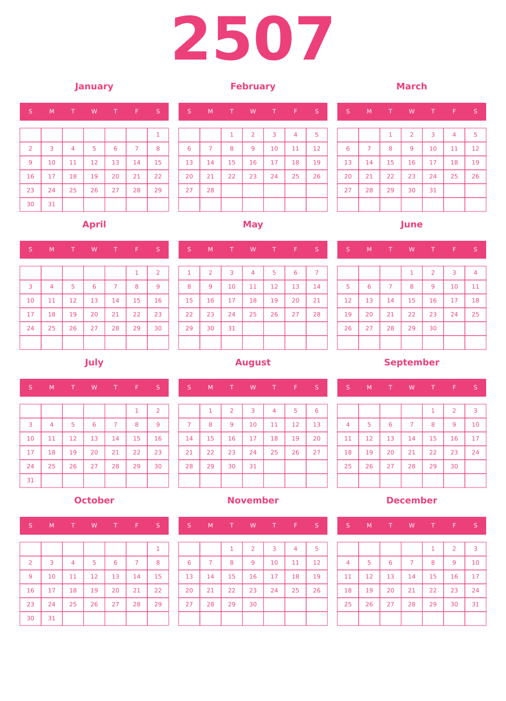 Printable 2507 Year Calendars pink