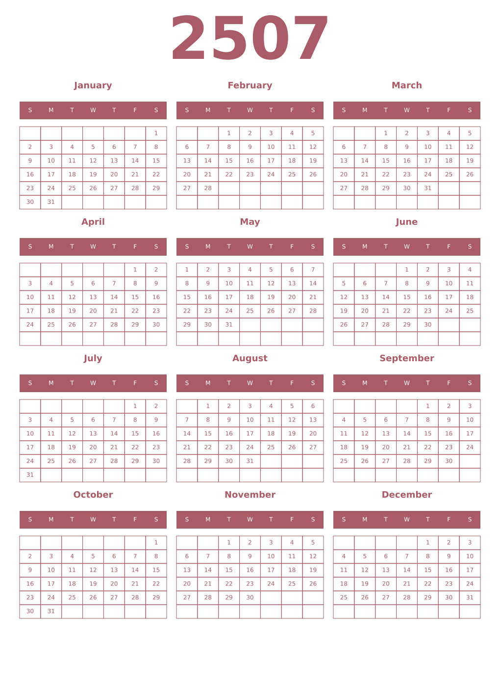 Printable 2507 Year Calendars puce