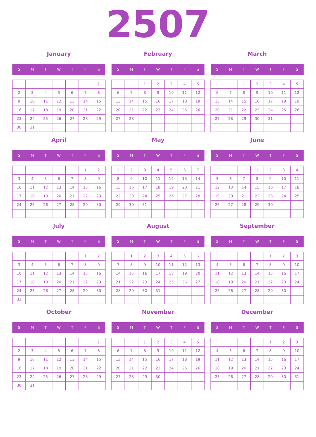 Printable 2507 Year Calendars purple