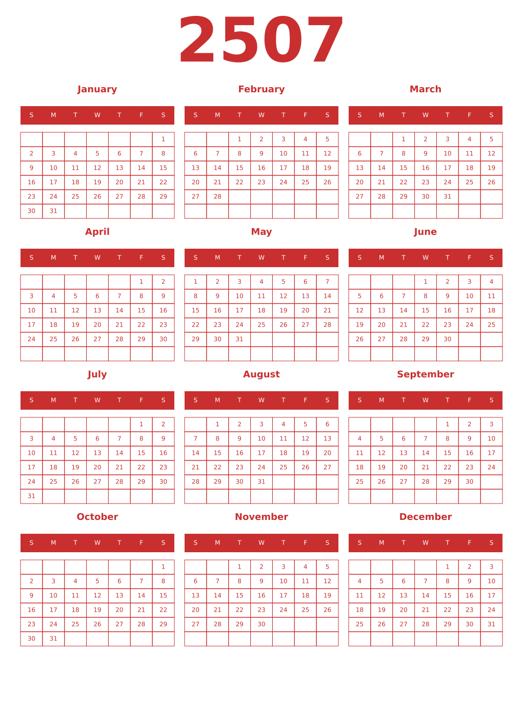 Printable 2507 Year Calendars red