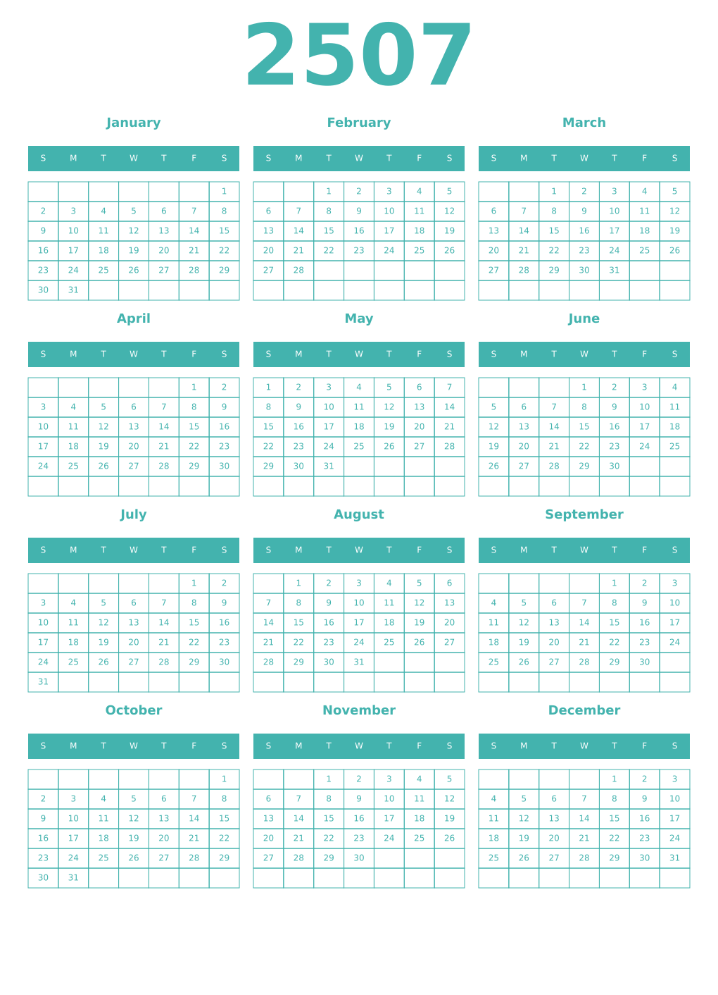 Printable 2507 Year Calendars verdigris