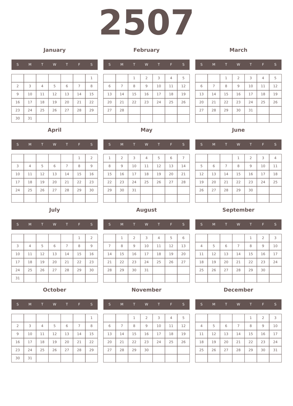 Printable 2507 Year Calendars wenge