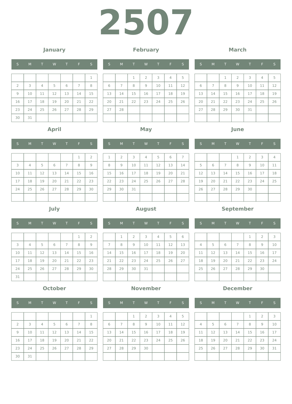 Printable 2507 Year Calendars xanadu