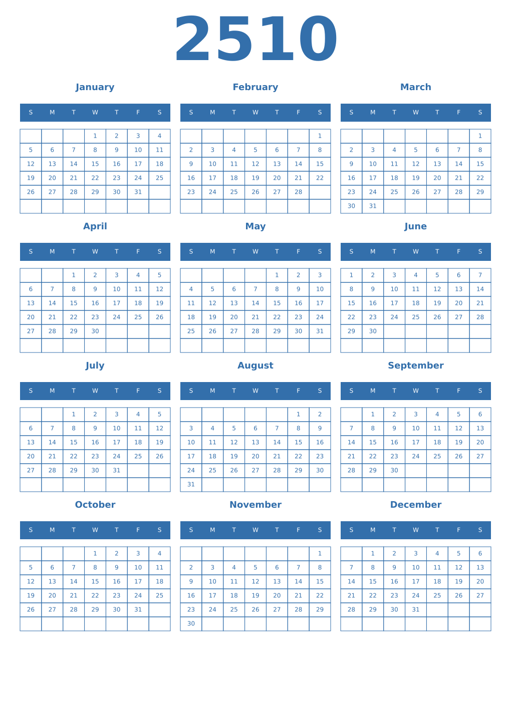 Printable 2510 Year Calendars blue