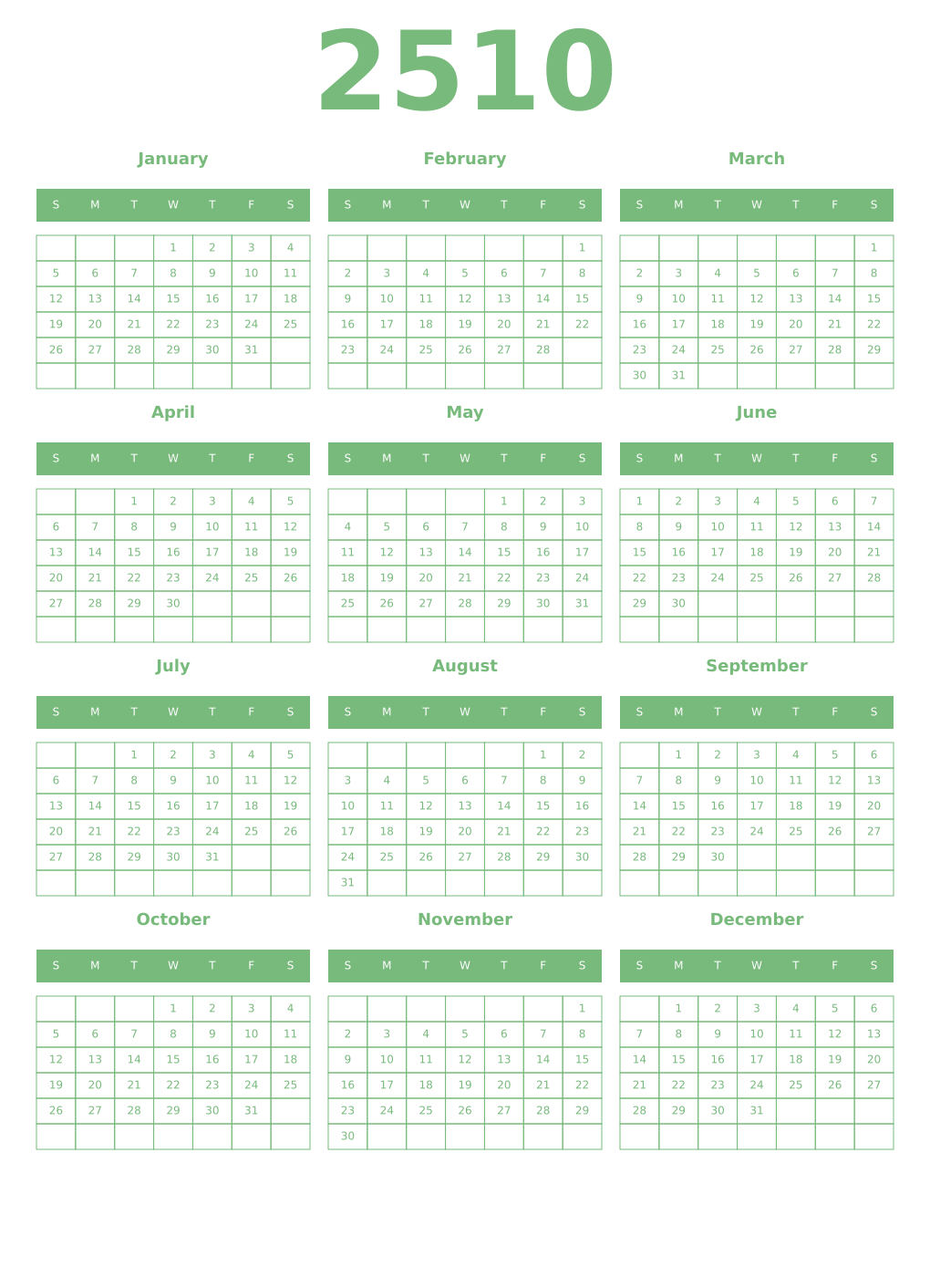 Printable 2510 Year Calendars celadon