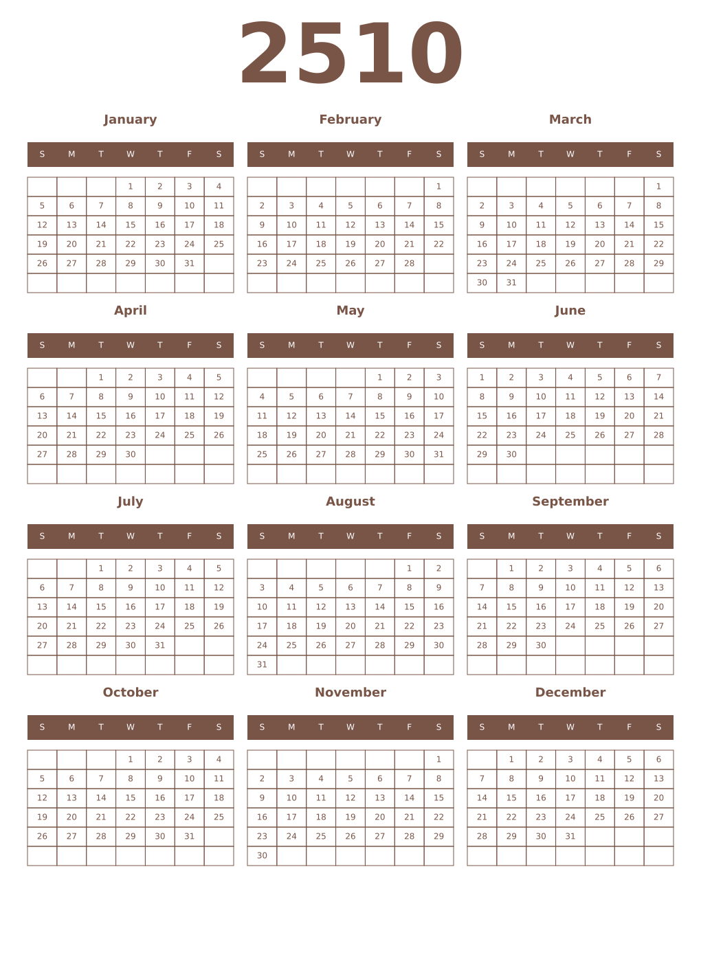 Printable 2510 Year Calendars coffe