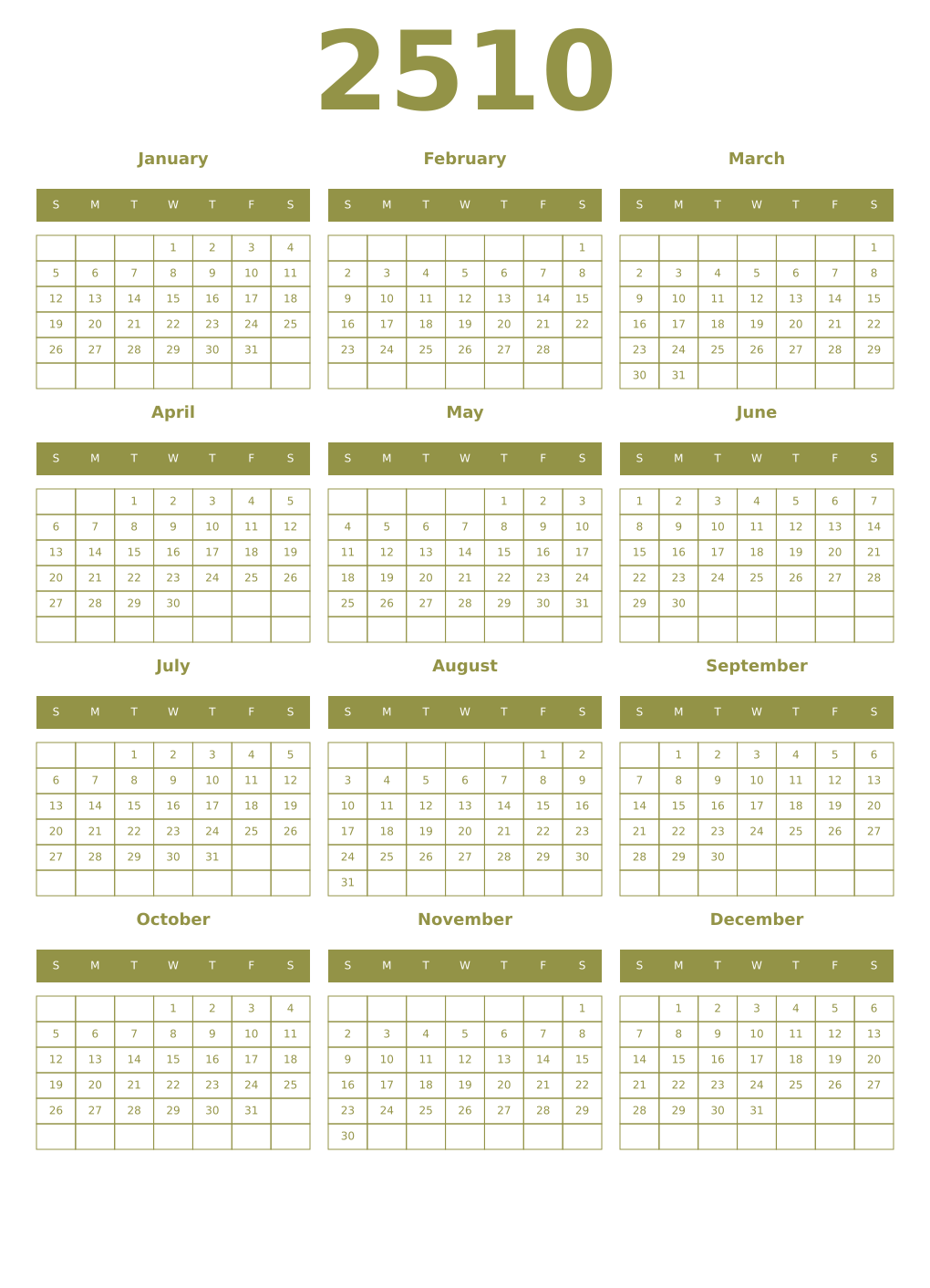Printable 2510 Year Calendars eburnean