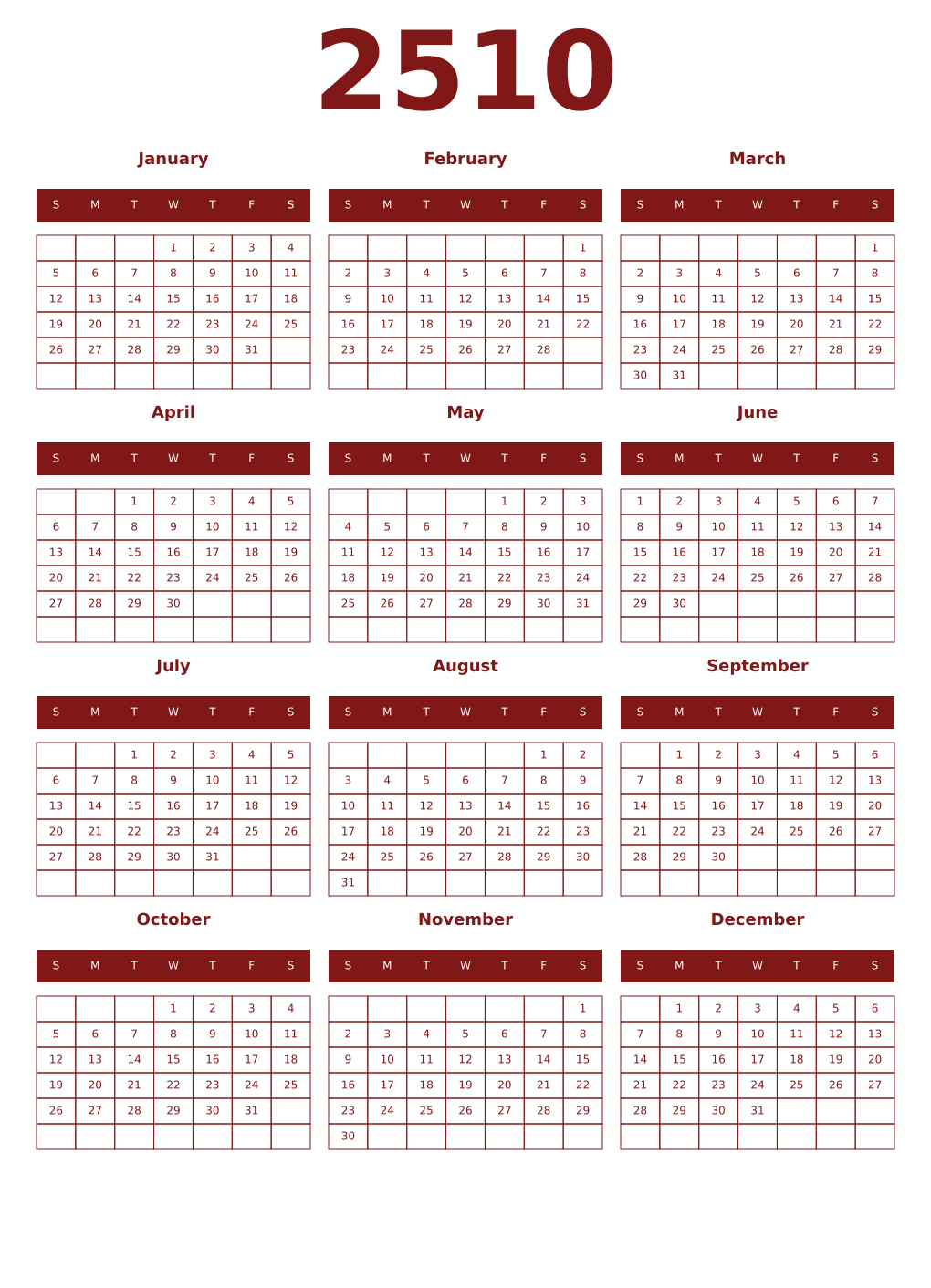 Printable 2510 Year Calendars falu